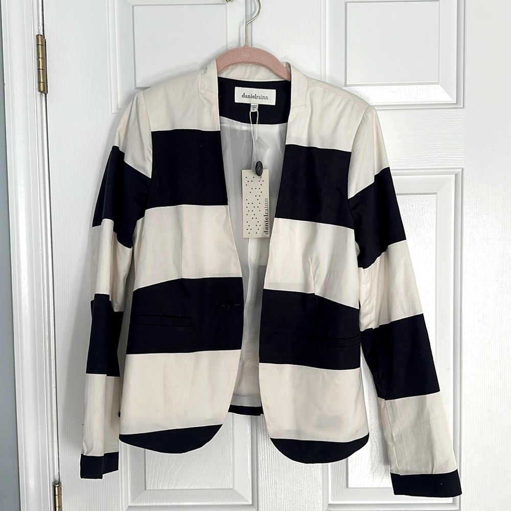 Daniel Rainn Black and White Striped Open Front Blazer